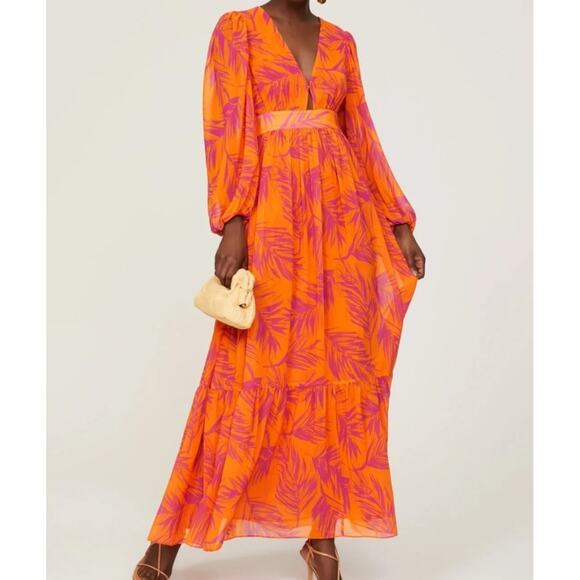 Toccin x RTR Womens Palm Print Open Back Maxi Dress Size 12 Orange - Picture 1 of 16